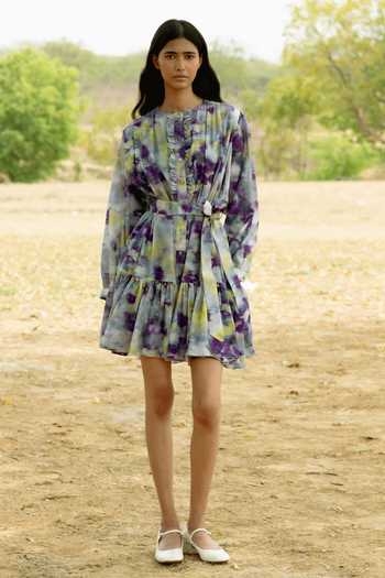 Raasa Hazy Bloom Print Ruffled Placket Dress With Belt 