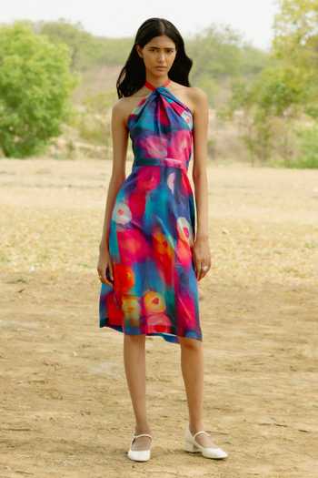 Raasa Splash Platter Print Halter Neck Midi Dress 