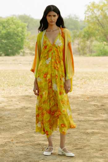Raasa Bloom Print Halter Neck Dress With Tie Dye Pattern Jacket 