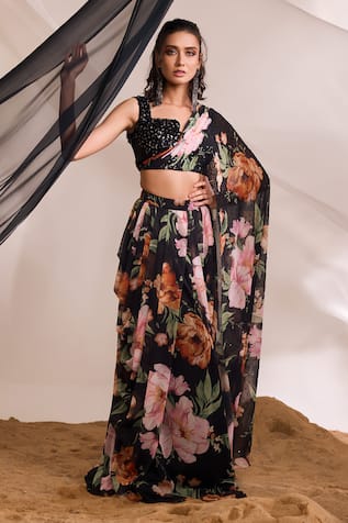 Divya Aggarwal Floral Print Skirt With Embellished Draped Blouse 