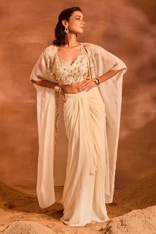 Divya Aggarwal Irene Embellished Cape & Draped Skirt Set 