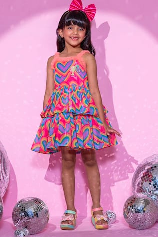 LIL DRAMA Barbie Heart Print Layered Shimmery Dress 