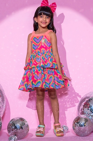 LIL DRAMA Barbie Heart Print Layered Shimmery Dress