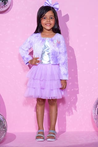 LIL DRAMA Barbie Patch Embroidered Fur Jacket Tiered Skirt Set 