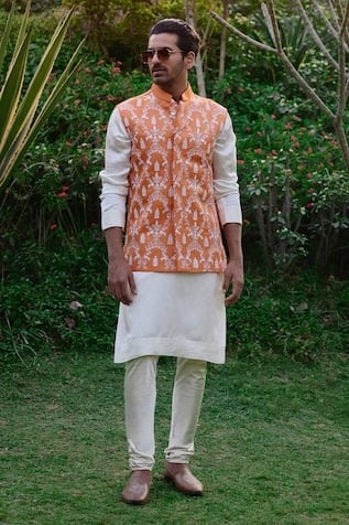 Ankit V Kapoor Gohar Floral Thread Embroidered Bundi Kurta Set 