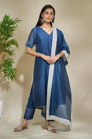 The Home Affair Tonal Print Mirrorwork Kurta Pant Set 