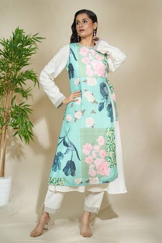 The Home Affair Floral Print Overlap Jacket Kurta Set 