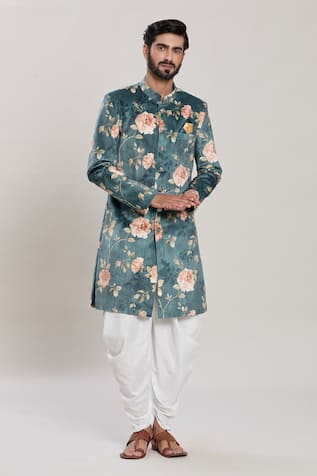Botanic Bloom Print Velvet Kurta With Peshawari Pant 