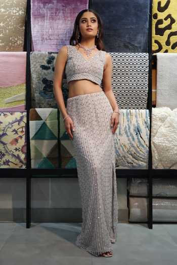 Richa Jaisinghani Label Cosmic Stone & Beads Embroidered Bustier With Skirt 