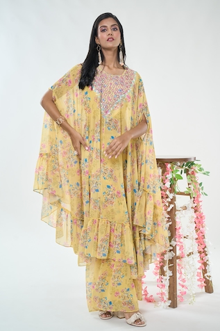 Basanti - Kapde Aur Koffee x AZA Floral Print Cape & Sharara Co-ord Set