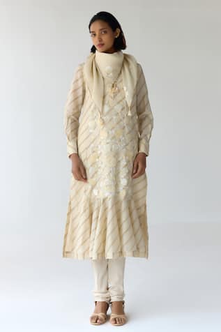 Shyam Narayan Prasad Floral Embroidered Striped Kurta Set 