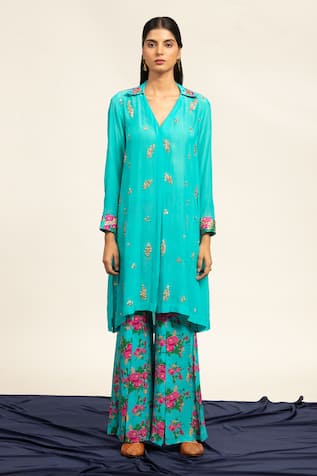 Shetab Kazmi Sequin Cluster Embellished Tunic With Flared Pant 