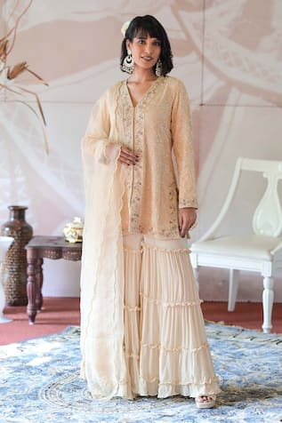 Farha Syed Cutdana Embroidered Kurta Tiered Sharara Set 