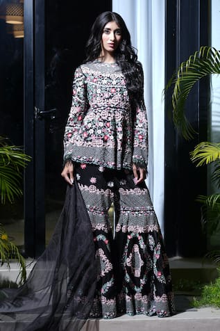 Farha Syed Resham Embroidered Peplum Top Sharara Set 