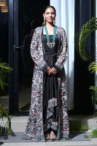 Farha Syed Resham Embroidered Draped Gown With Jacket 