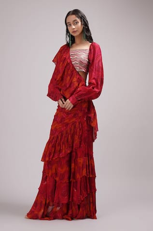 Breathe By Aakanksha Singh Hana Printed Draped Ruffle Saree With Blouse 