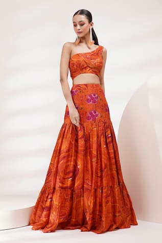 Breathe By Aakanksha Singh Holly One Shoulder Printed Blouse & Skirt Set 