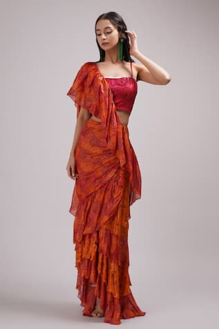 Breathe By Aakanksha Singh Jonquil Printed Draped Saree With Blouse 