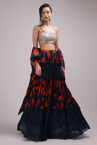 Breathe by Aakanksha Singh Rose Print Tiered Lehenga Set 