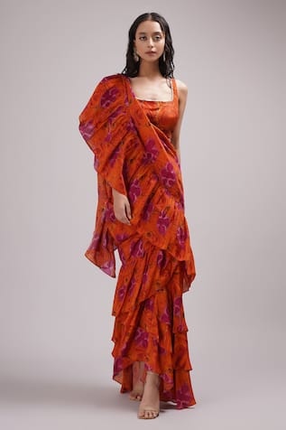 Breathe by Aakanksha Singh Morris Printed Pre-Draped Ruffle Saree With Blouse 