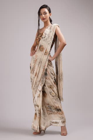 Breathe By Aakanksha Singh Nasrin Printed Pre-Pleated Saree With Blouse 