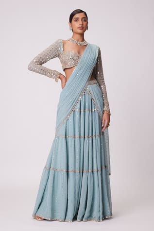 Vvani by Vani Vats Sheesha Quad Embroidered Tiered Lehenga Saree With Blouse 