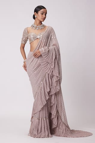 Vvani by Vani Vats Cosmic Sequin Pre-Draped Ruffle Saree With Blouse 