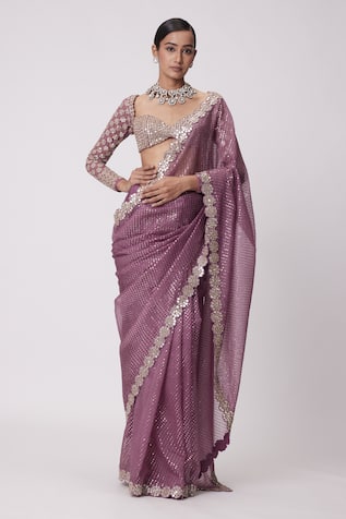 Vvani By Vani Vats Blossom Mirror Embroidered Sequin Saree Set 