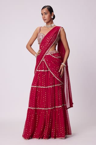 Vvani by Vani Vats Sheesha Quad Embroidered Tiered Lehenga Saree With Blouse 