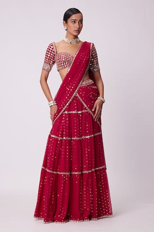 Vvani by Vani Vats Tikki Embroidered Tiered Lehenga Saree With Blouse 