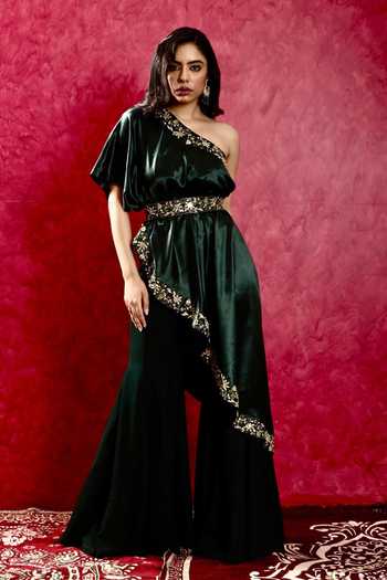 Rashika Sharma One Shoulder Embroidered Cape Flared Pant Set 