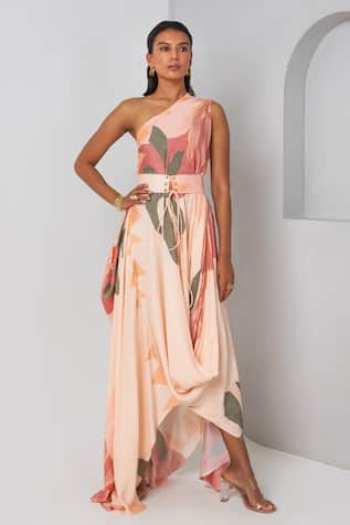 Vedika M Floral Print Draped Dress With Belt 