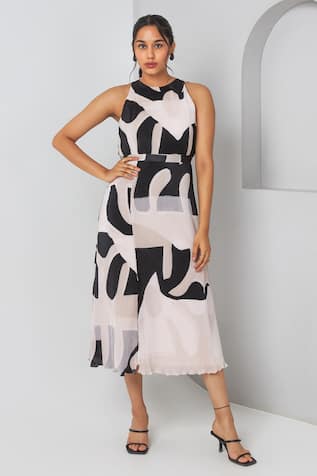 Vedika M Micro Pleated Abstract Print Midi Dress 