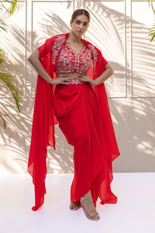 Koashee by Shubitaa Sequin Embroidered Cape Draped Skirt Set