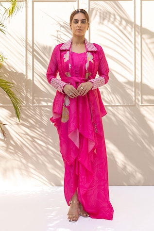 Koashee by Shubitaa Blossom Print Asymmetric Jacket Draped Skirt Set