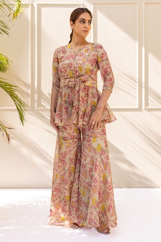 Koashee by Shubitaa Floral Print Peplum Jacket With Sharara