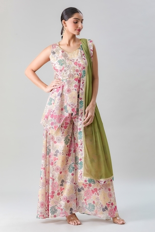 Adara Khan Floral Print Peplum Kurta Flared Pant Set