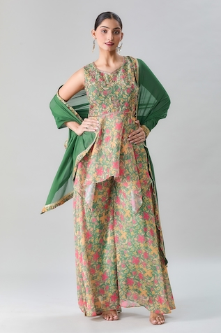 Adara Khan Blossom Print Peplum Kurta Flared Pant Set