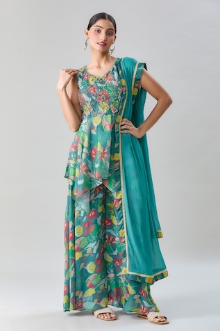 Adara Khan Floral Abstract Print Peplum Kurta Flared Pant Set