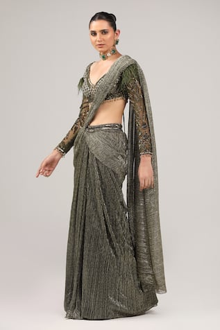 Sidhaarth & Disha Pre-Draped Saree With Mirror Hand Embroidered Blouse 