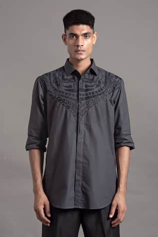 Arun Verma Velvet Applique Collared Shirt 