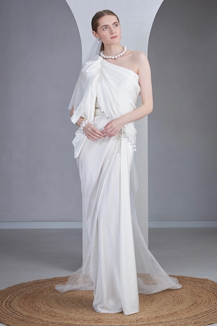 NAINA SETH Pearl Embellished Pleated Draped Gown