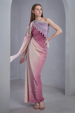 NAINA SETH Pearl Tassel Embellished Ombre Gown 