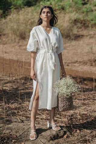 Akashi Clothing Handloom Linen Waist Tie-Up Dress 