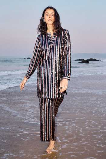 Dash And Dot Metallic Sequin Striped Long Shirt 