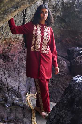 Dash And Dot Floral Embroidered Long Shirt & Pant Set 