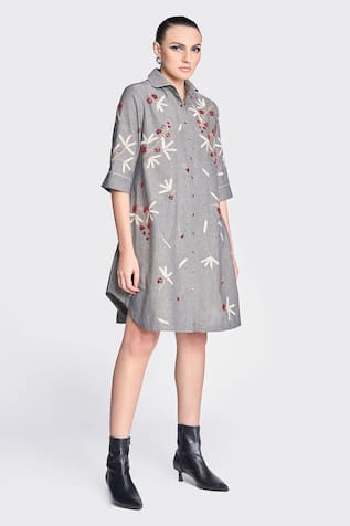 Shahin Mannan Broken Branches Embroidered A-Line Shirt Dress 