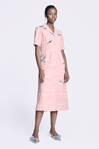 Shahin Mannan Fish & Prawn Embroidered Puff Sleeve Dress 