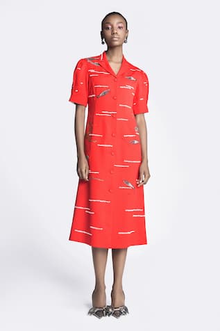 Shahin Mannan Fish & Prawn Embroidered Midi Shirt Dress 