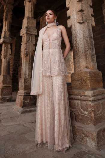 Kashmiraa Bead Floral Embroidered Slit Kurta Sharara Set 